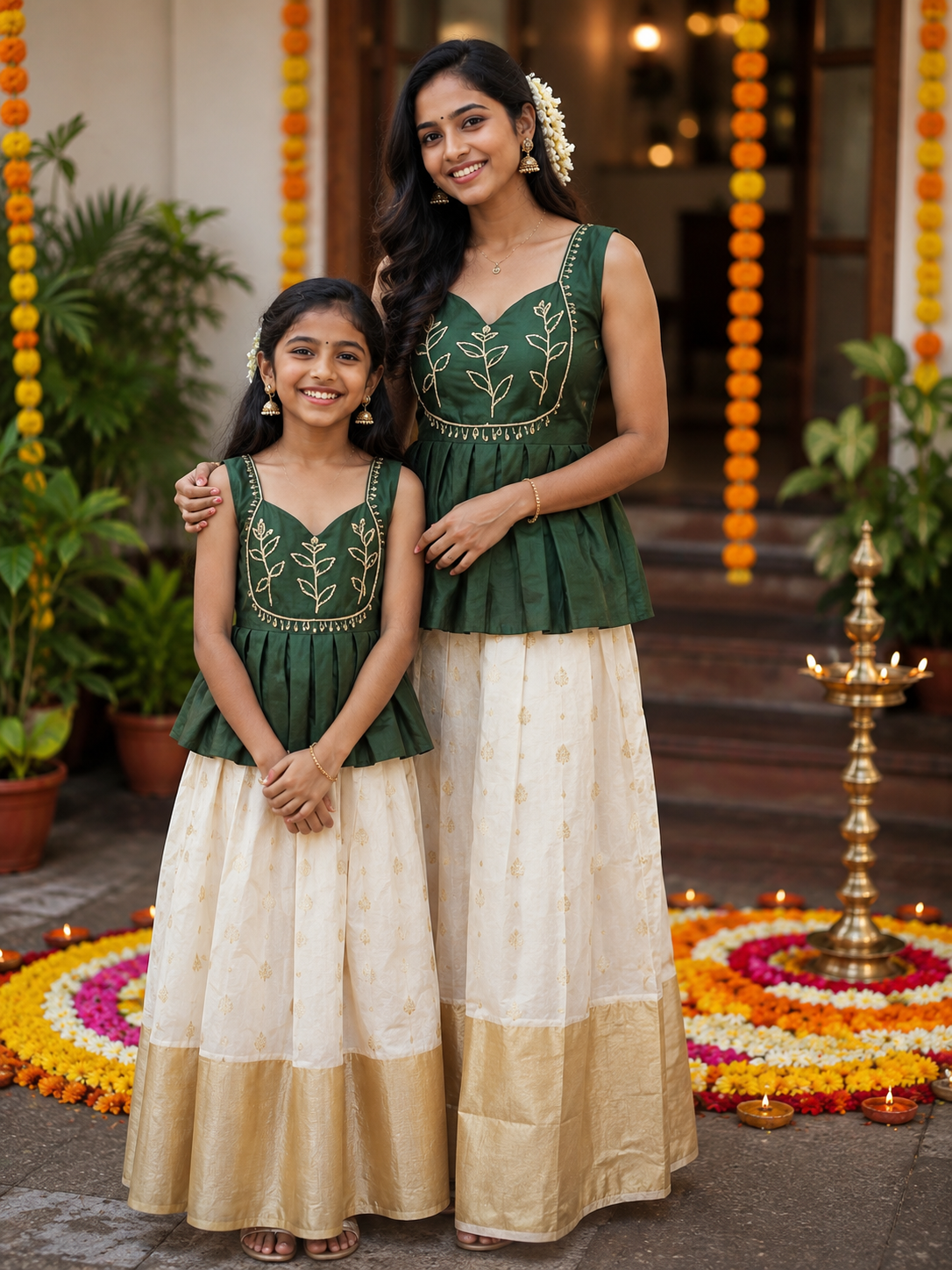 Elegant Mother & Daughter Matching Onam Outfit – Green & Off-White Cotton Semi Silk Set_Hand Aari Work