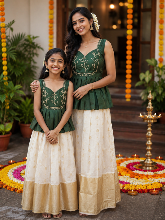 Elegant Mother & Daughter Matching Onam Outfit – Green & Off-White Cotton Semi Silk Set_Hand Aari Work