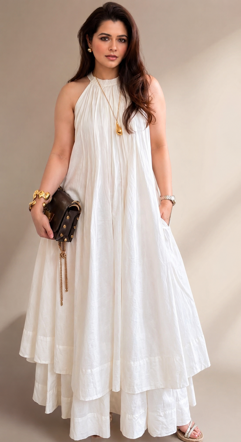 Contemporary Ivory High-Neck Gathered Fusion Set with Layered Wide-Leg Trousers
