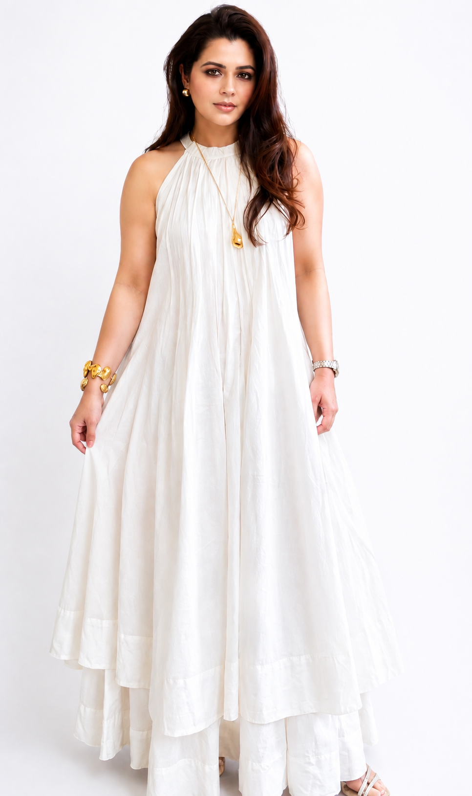 Contemporary Ivory High-Neck Gathered Fusion Set with Layered Wide-Leg Trousers