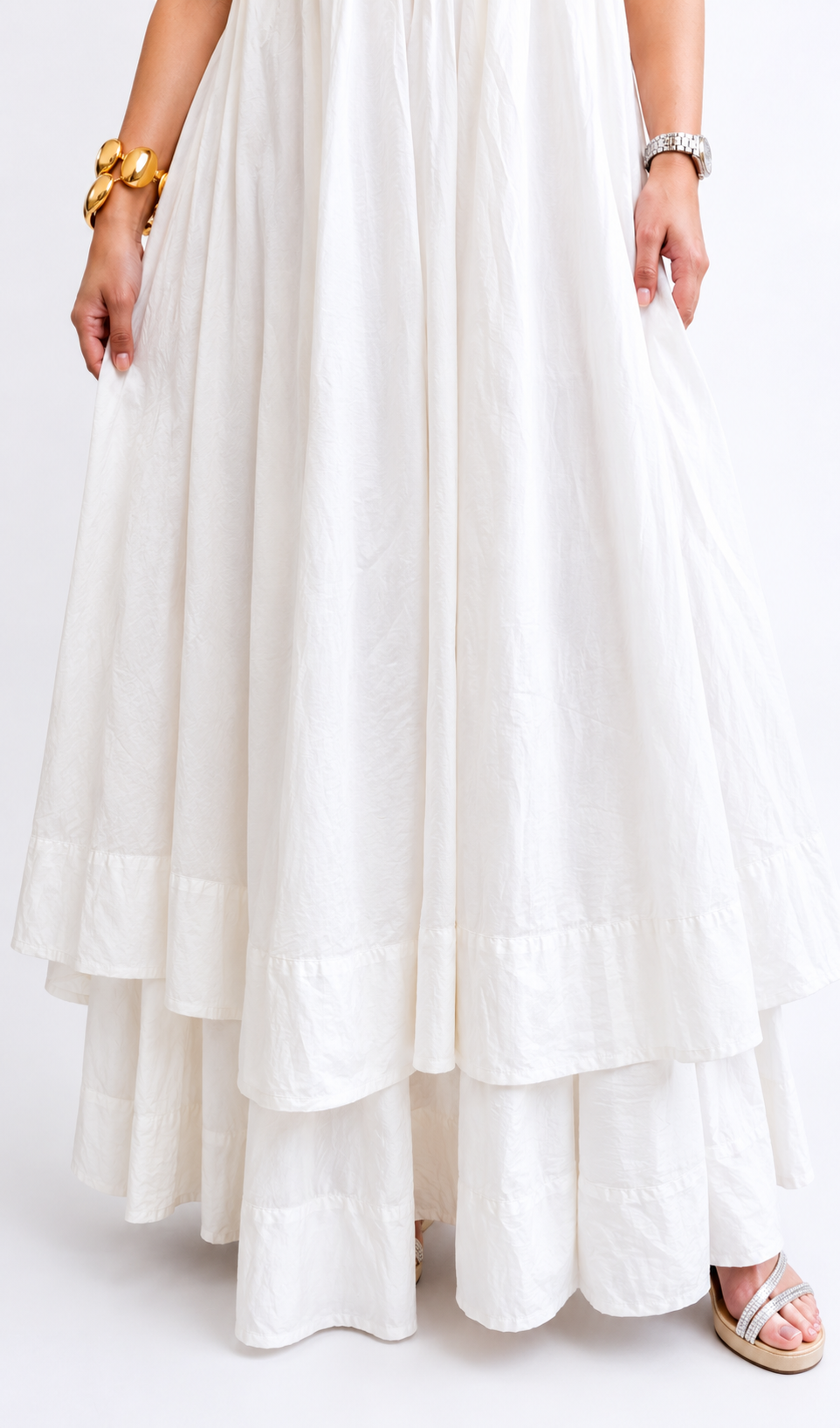 Contemporary Ivory High-Neck Gathered Fusion Set with Layered Wide-Leg Trousers