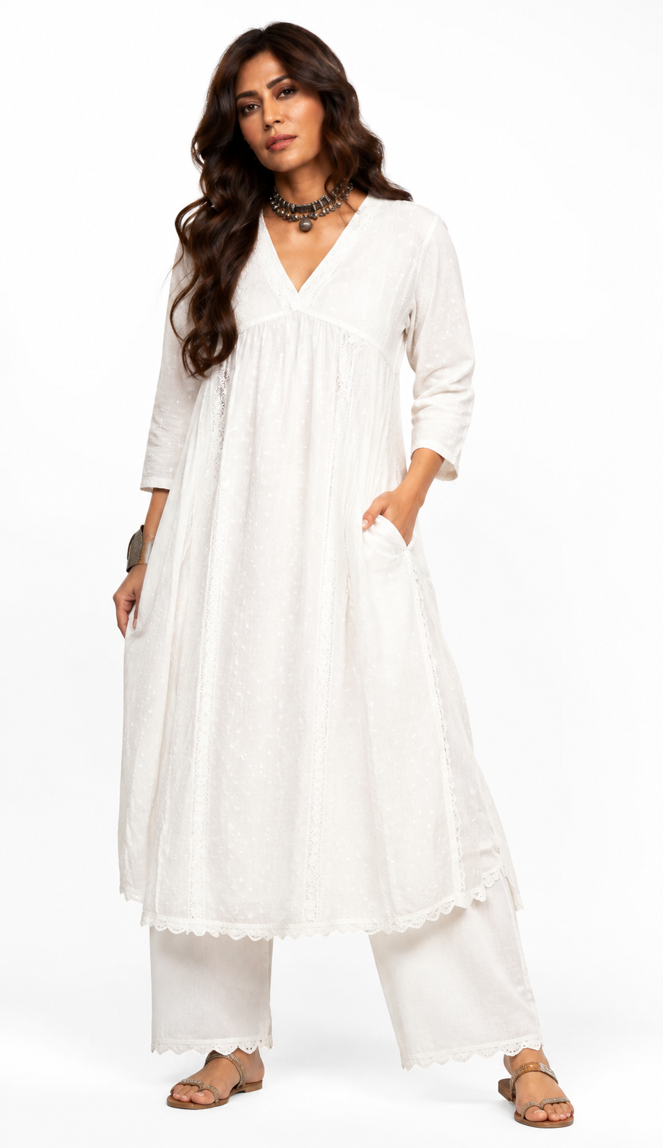 Ivory White Cotton-Linen Flared Kurta Set with Wide-Leg Trousers