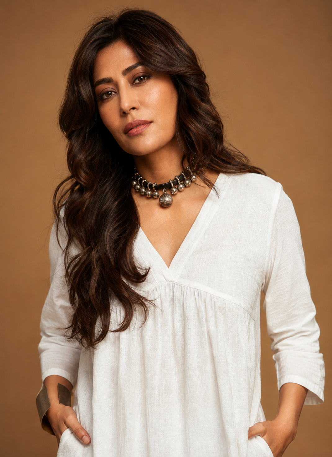 Ivory White Cotton-Linen Flared Kurta Set with Wide-Leg Trousers