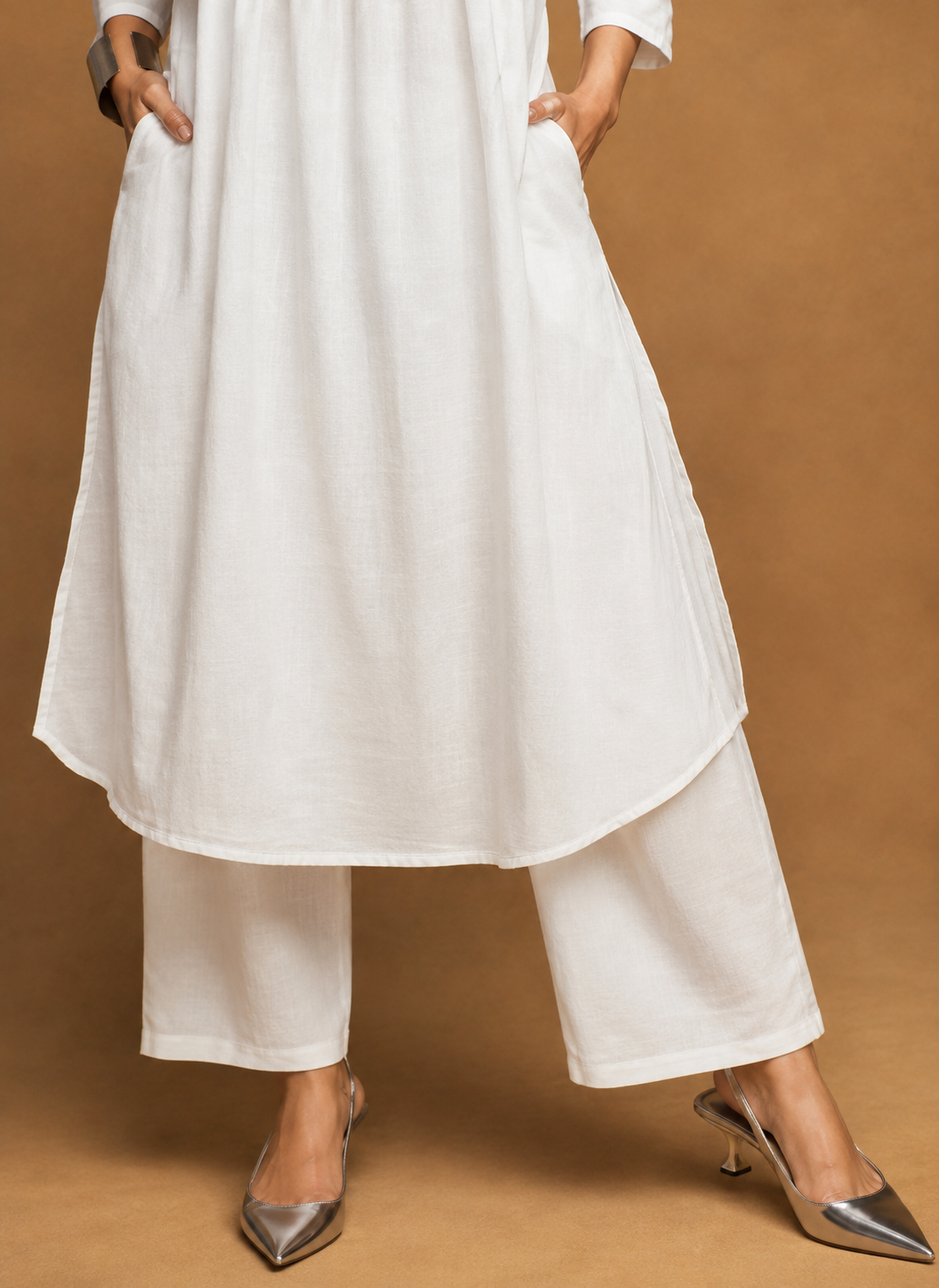 Ivory White Cotton-Linen Flared Kurta Set with Wide-Leg Trousers
