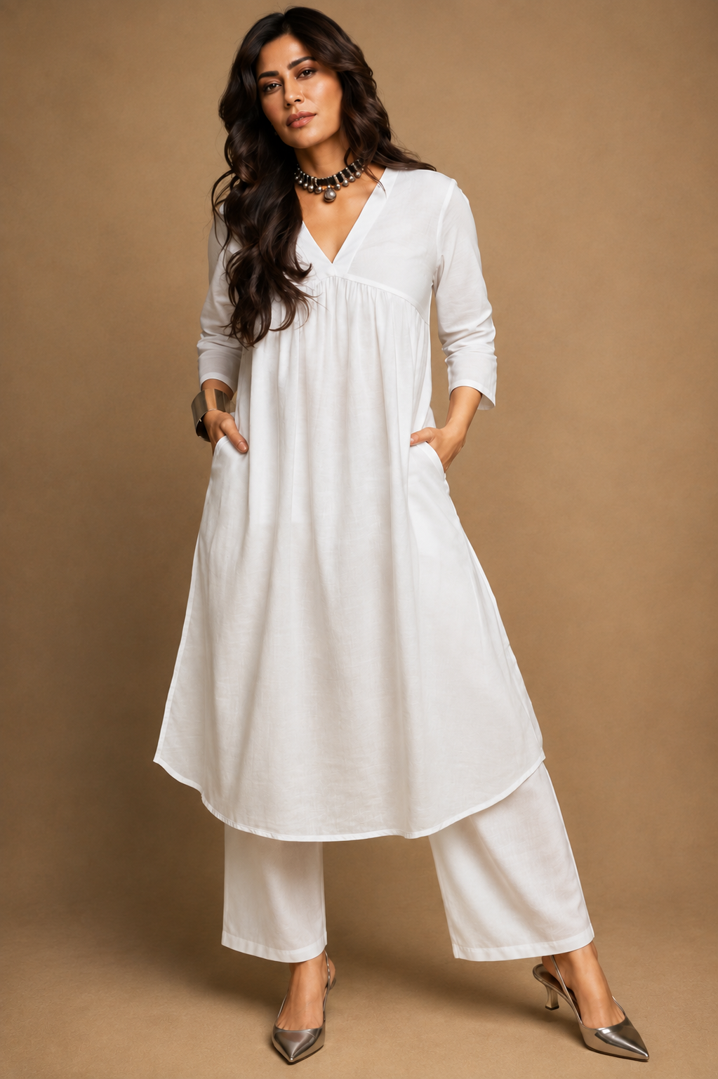 Ivory White Cotton-Linen Flared Kurta Set with Wide-Leg Trousers