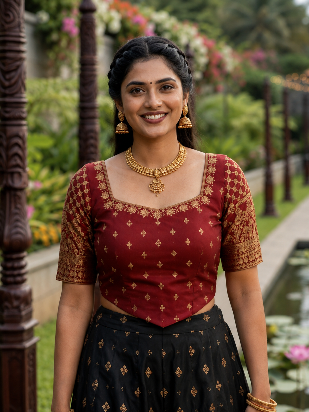 Traditional Kanchipuram Silk Lehenga Set – Maroon & Black with Gold Zari Work for Women