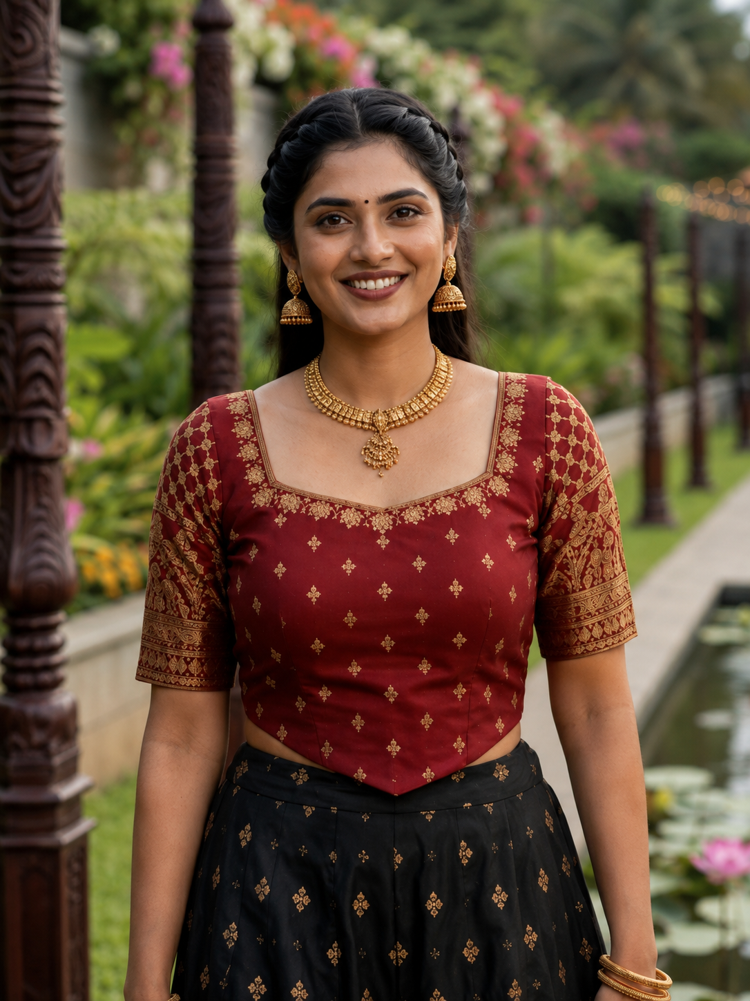 Traditional Kanchipuram Silk Lehenga Set – Maroon & Black with Gold Zari Work for Women