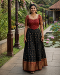 Traditional Kanchipuram Silk Lehenga Set – Maroon & Black with Gold Zari Work for Women