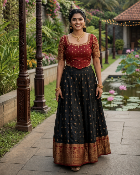 Traditional Kanchipuram Silk Lehenga Set – Maroon & Black with Gold Zari Work for Women