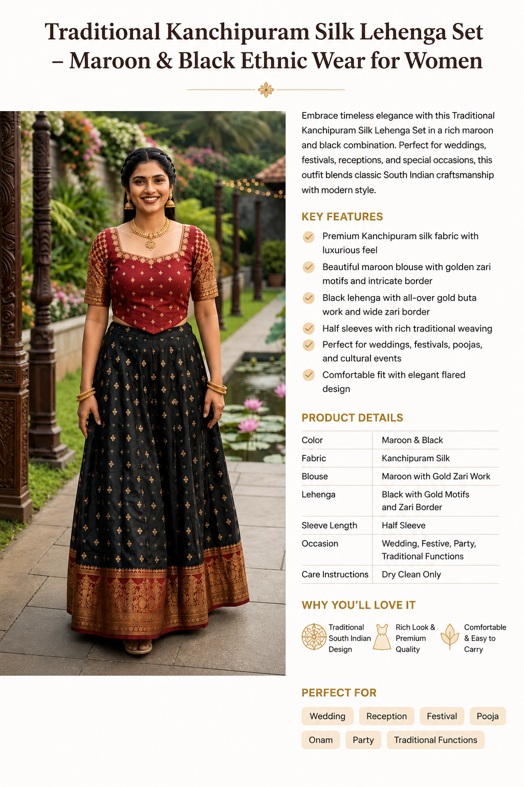 Traditional Kanchipuram Silk Lehenga Set – Maroon & Black with Gold Zari Work for Women