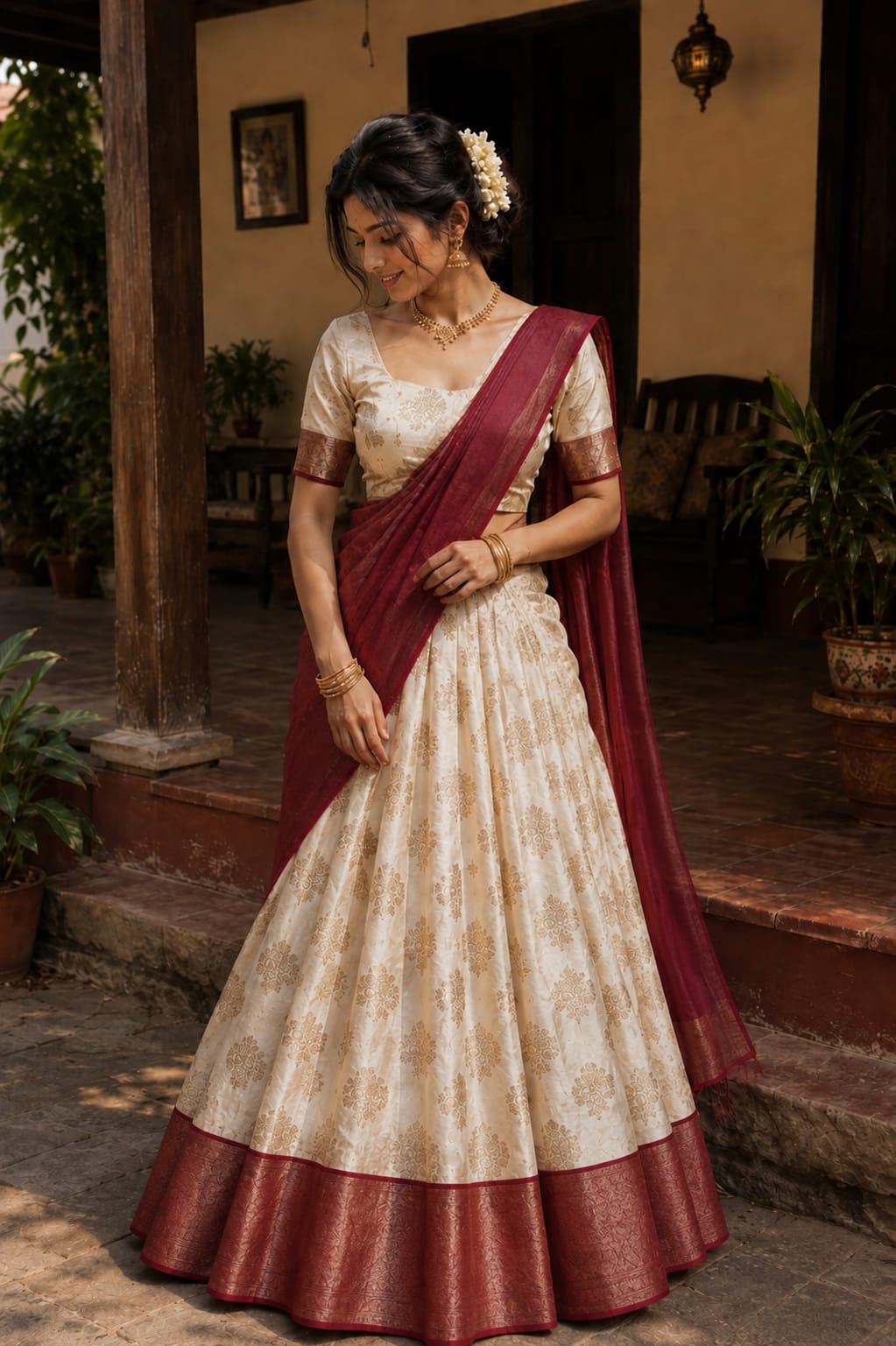 Traditional Kerala Half Saree Lehenga Set – Off White Brocade Lehenga with Maroon Zari Dupatta | Premium Onam Ethnic Wear for Women