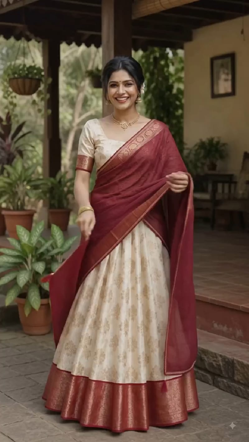 Traditional Kerala Half Saree Lehenga Set – Off White Brocade Lehenga with Maroon Zari Dupatta | Premium Onam Ethnic Wear for Women