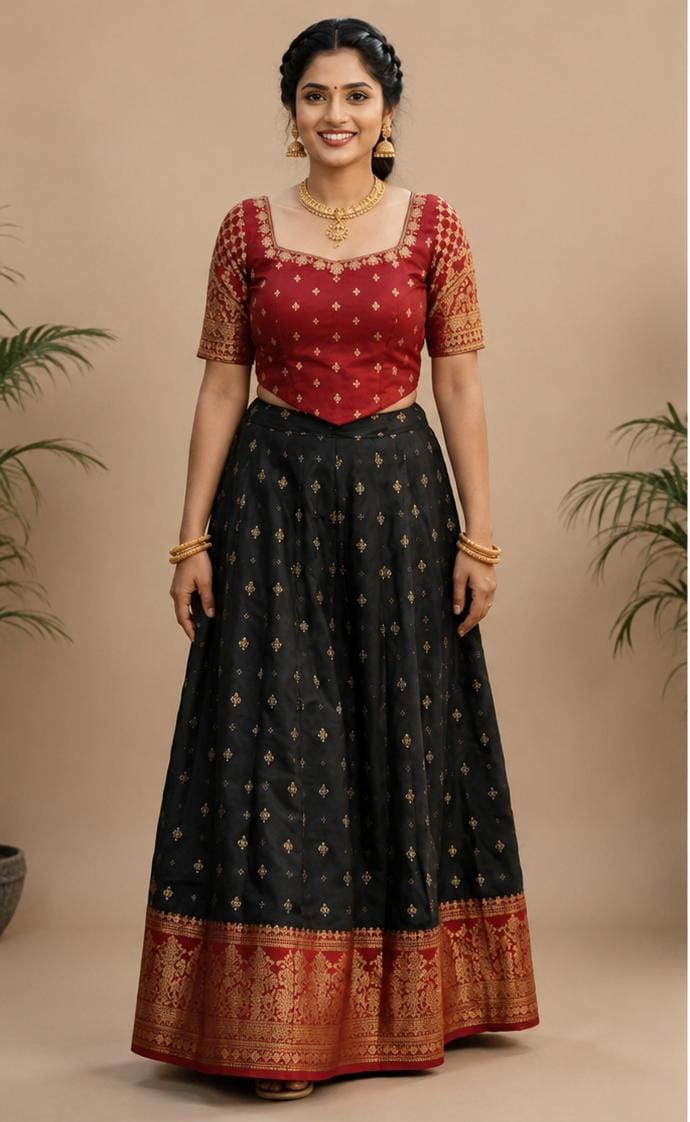 Traditional Kanchipuram Silk Lehenga Set – Maroon & Black with Gold Zari Work for Women