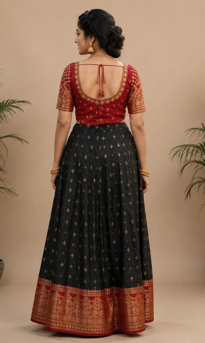 Traditional Kanchipuram Silk Lehenga Set – Maroon & Black with Gold Zari Work for Women
