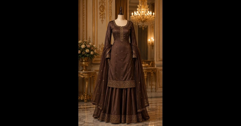 This regal chocolate brown ethnic ensemble features intricate gold hand embroidery and a classic traditional silhouette