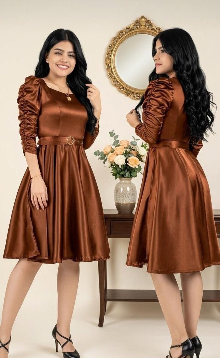 Chocolate Brown Ruched-Sleeve Satin A-Line Flare Dress
