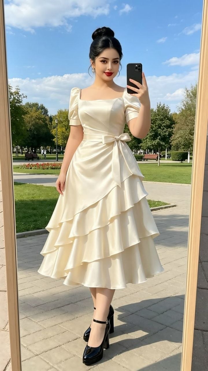 Ivory Cream Tiered Ruffle Satin Midi Dress