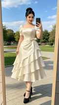 Ivory Cream Tiered Ruffle Satin Midi Dress