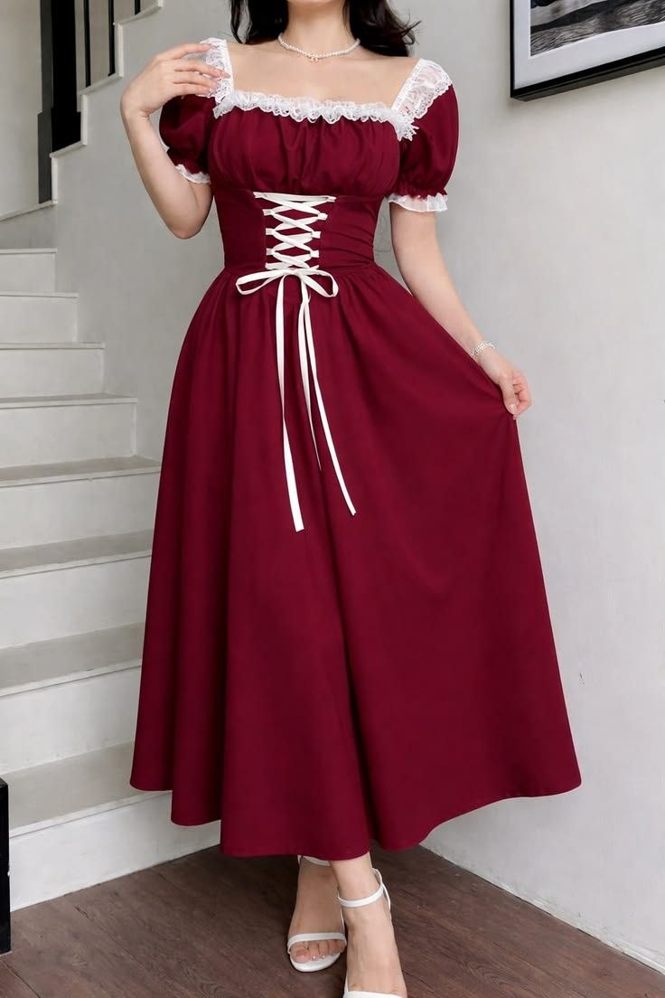 Wine Red Corset Lace-Up Cottagecore Midi Dress