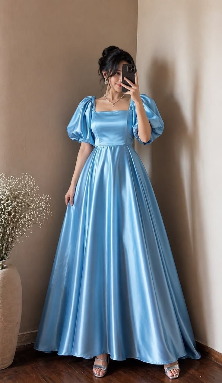Sky Blue Puff-Sleeve Satin Princess Maxi Gown