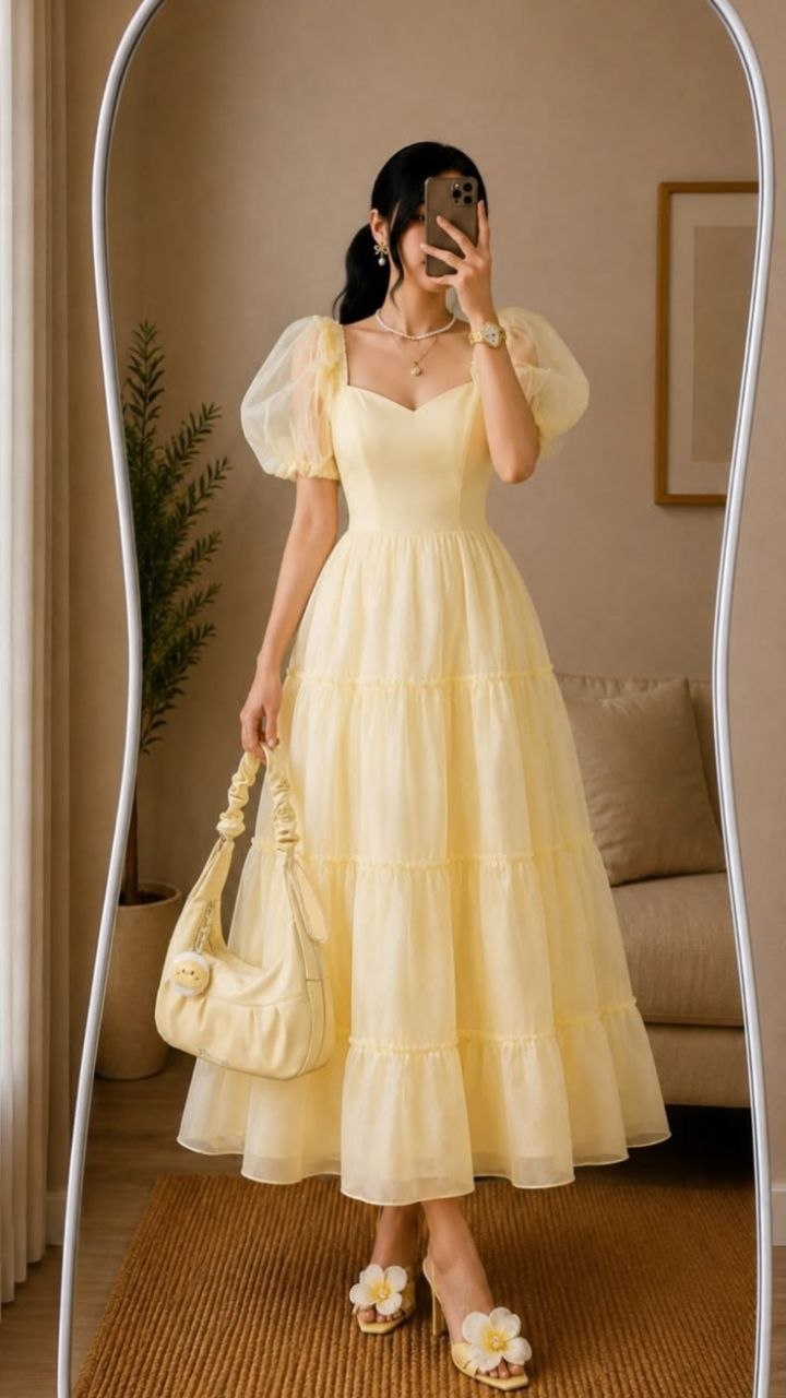 Butter Yellow Organza Tiered Puff-Sleeve Midi Dress