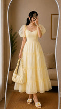 Butter Yellow Organza Tiered Puff-Sleeve Midi Dress