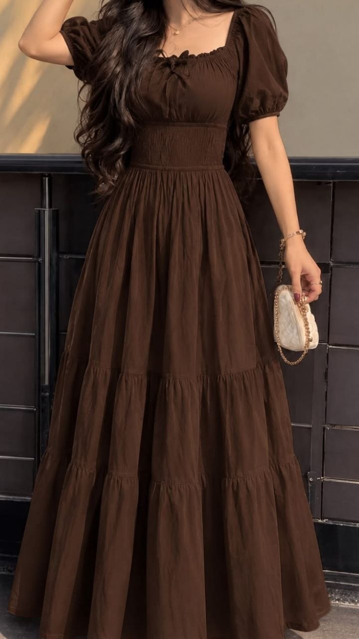 Chocolate Brown Smocked Bodice Tiered Maxi Dress