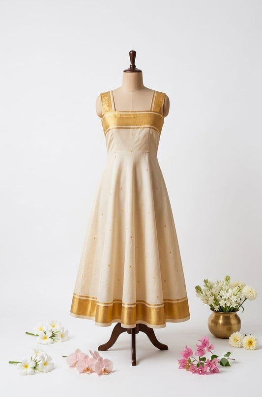 ethnic fusion dress features an off-white and metallic gold kasavu-inspired design.