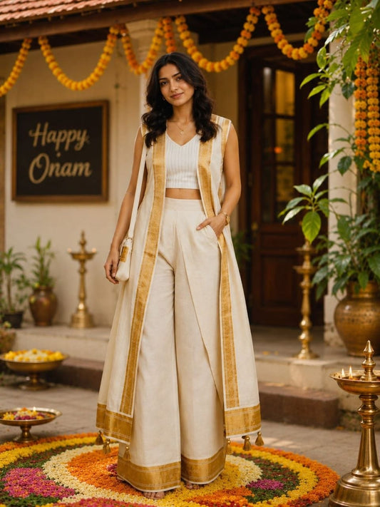 Kasavu three-piece ethnic co-ord set blends traditional Kerala weave aesthetics with contemporary festive styling.