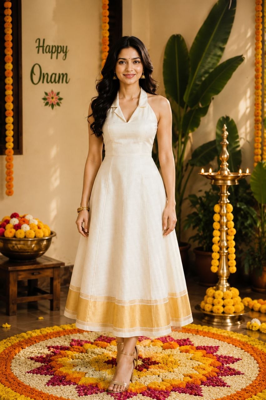 Kasavu-inspired halter-neck midi dress offers a modern, chic twist on traditional Kerala ethnic wear.