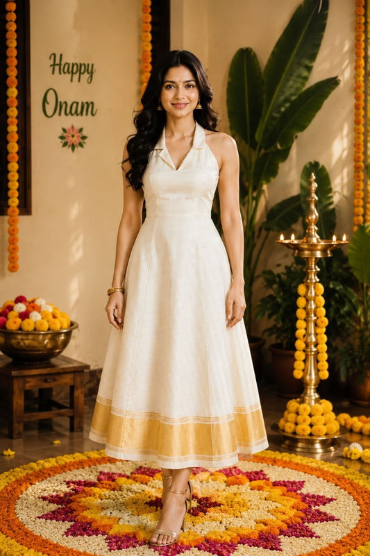 Kasavu-inspired halter-neck midi dress offers a modern, chic twist on traditional Kerala ethnic wear.