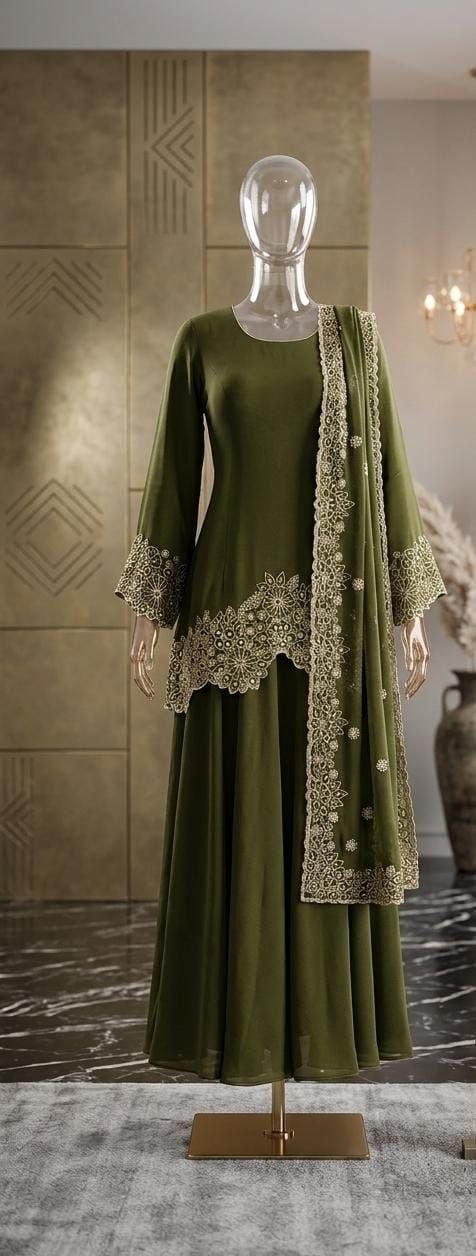olive green ethnic set blends subtle minimalism with rich hand embroidery