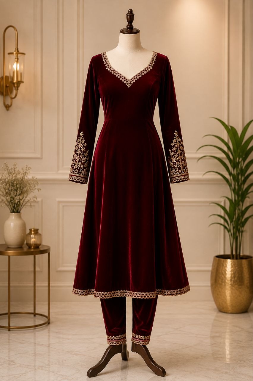 Premium Wine Velvet Embroidered Anarkali Churidar Set
