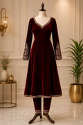 Premium Wine Velvet Embroidered Anarkali Churidar Set