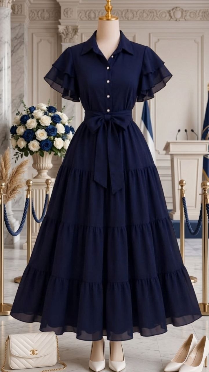 Elegant Navy Tiered Shirt-Style Maxi Dress