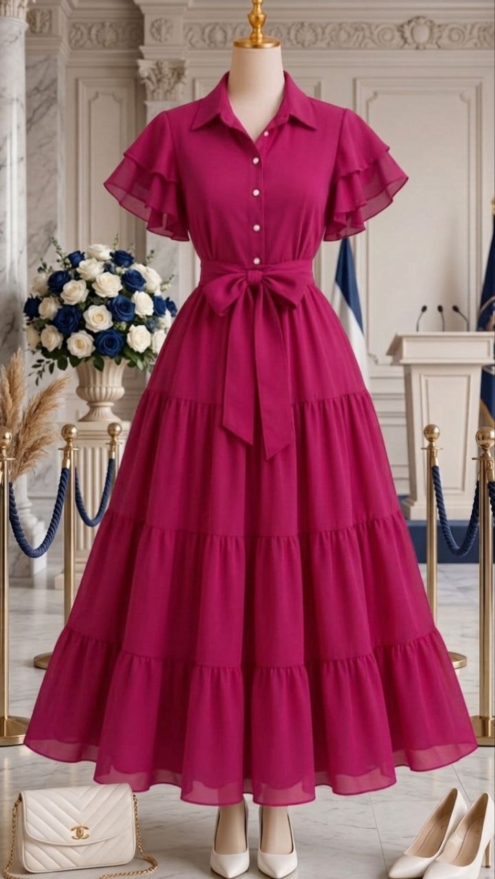 Vibrant Rani Pink Tiered Shirt-Style Maxi Dress