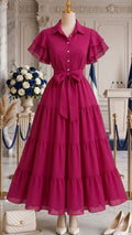 Vibrant Rani Pink Tiered Shirt-Style Maxi Dress