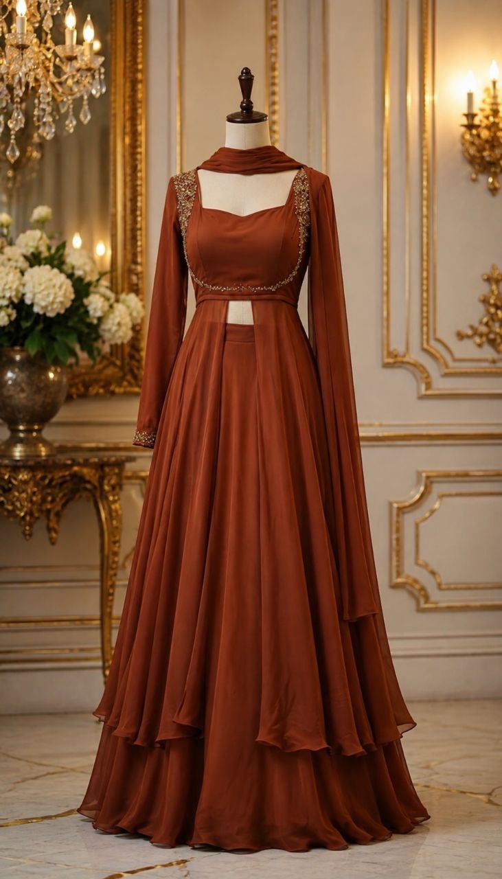 rust-brown ethnic ensemble features a contemporary layered silhouette with refined hand work
