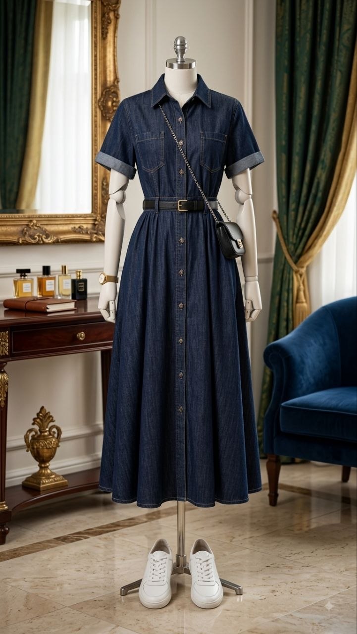 A dark indigo denim midi shirt dress styled in a smart-casual aesthetic