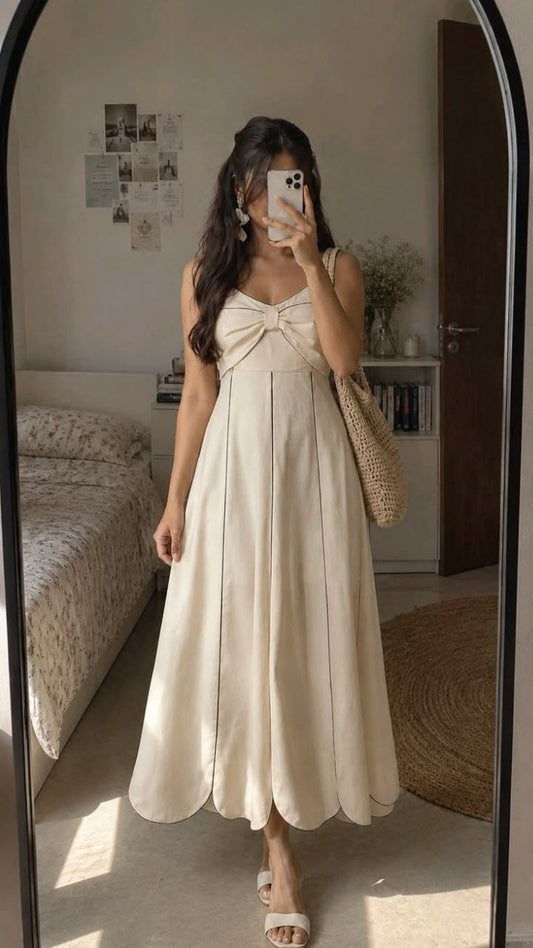 Cream Bow-Front Scalloped Maxi Dress with Contrast Piping