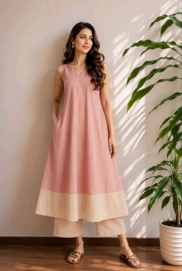 Dusty Rose & Beige Colorblocked Sleeveless A-Line Kurta Set