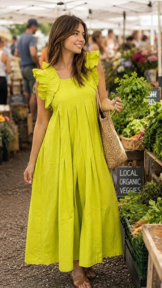 Lime Green Ruffled Pleated Maxi Dress