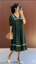 Forest Green Sailor-Collar Midi Dress with White Trim
