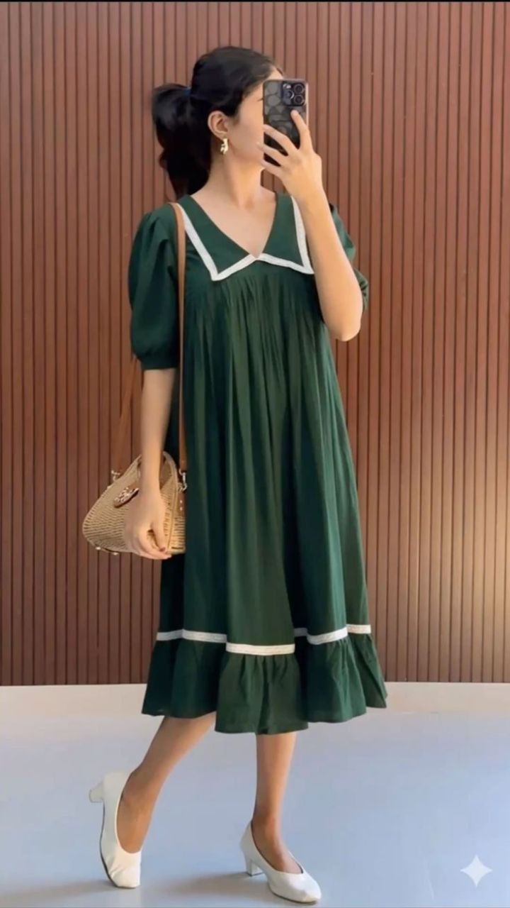 Forest Green Sailor-Collar Midi Dress with White Trim