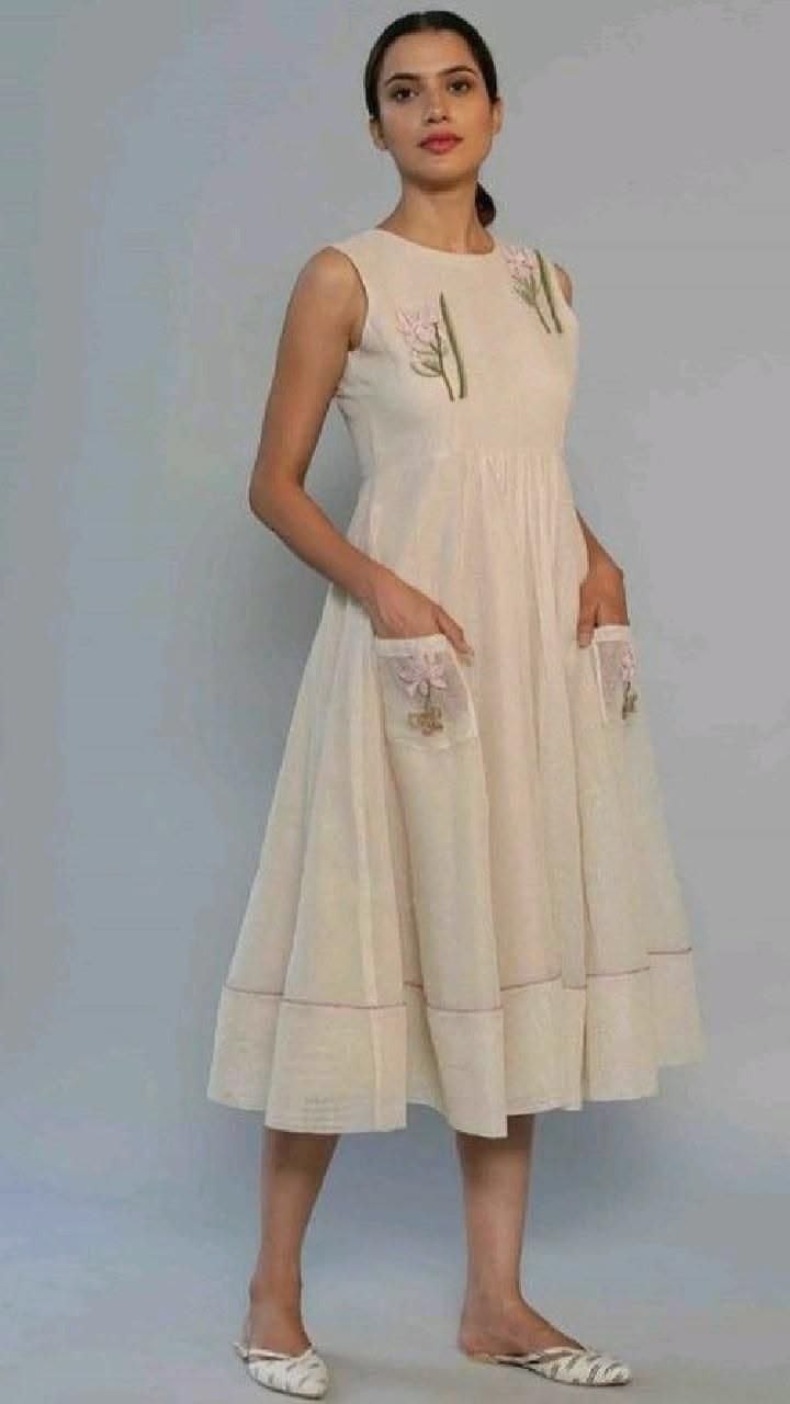 Beige Floral-Embroidered Midi Dress with Pocket Details