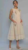 Beige Floral-Embroidered Midi Dress with Pocket Details