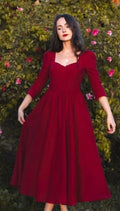 Crimson Red Sweetheart Midi Dress with Three-Quarter Sleeves