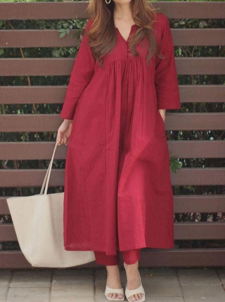 Deep Red V-Neck Gathered Kurta Set