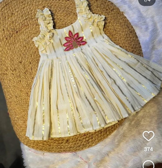 Off-White & Gold Striped Kid's Frock with Lotus