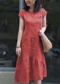 Rust Red Asymmetric Tiered Linen Midi Dress